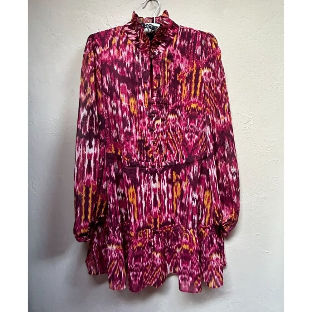 House of Harlow 1960 Mockneck Tiered Ruffle Mini Dress 4 Red Printed Lightweight - Picture 1 of 9